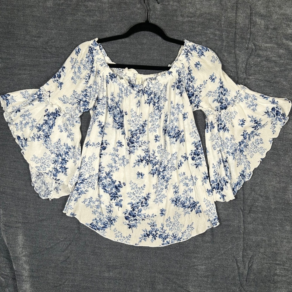 Peppermint Top Womens Small White Blue Floral Off Shoulder Bell Sleeve Boho